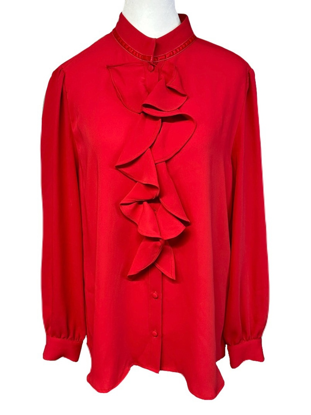 Chico’s Red Ruffle Blouse Holiday Office Chic Vamp Button Modest Large
